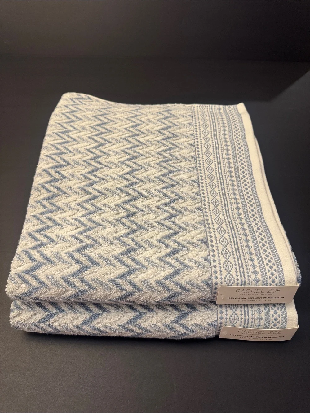 2pc RACHEL ZOE 100% Cotton(EOD) Chevron Pattern Bath Towel Set -Blue/White